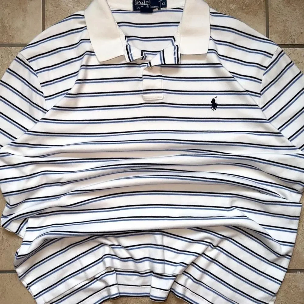 Polo by Ralph Lauren White and Blue Short Sleeve Polo Shirt - Size XL
